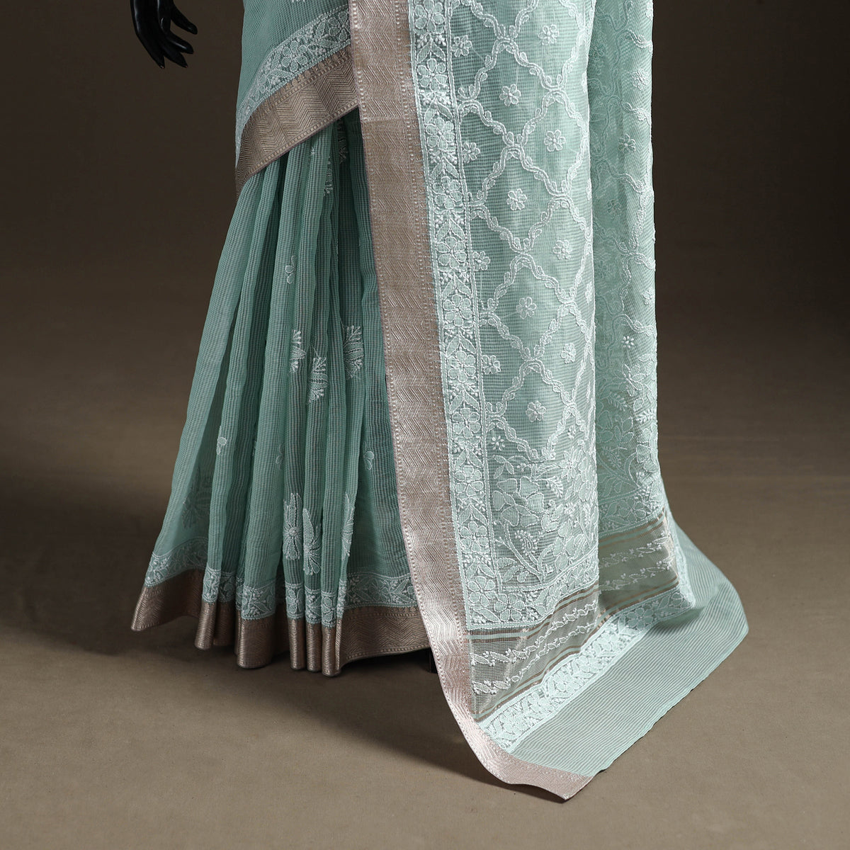 Hand Embroidered Kota Doria Cotton Lucknowi Chikankari Saree with Border 11