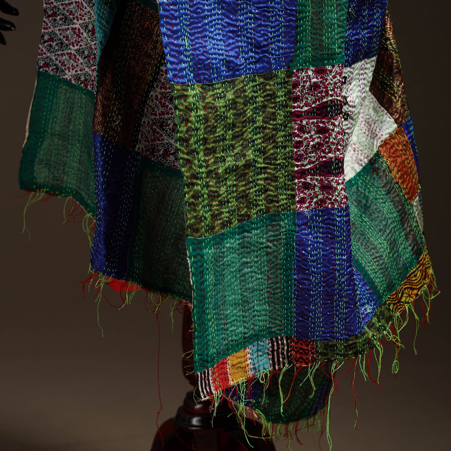 Multicolor - Bengal Hand Embroidery Patchwork Reversible Silk Kantha Dupatta 17