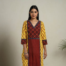 Yellow Block Print Mosaic Fusion Straight Mangalagiri Cotton Kurta