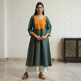 Buy Jacquard Weave Cotton Kurta with Ikat Patchwork 16 Online at iTokri.com