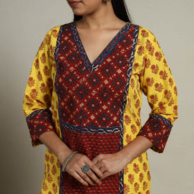 Yellow Block Print Mosaic Fusion Straight Mangalagiri Cotton Kurta