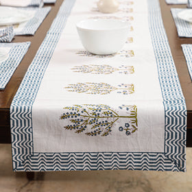 White Sanganeri Print Cotton Table Runner with Mats & Napkins