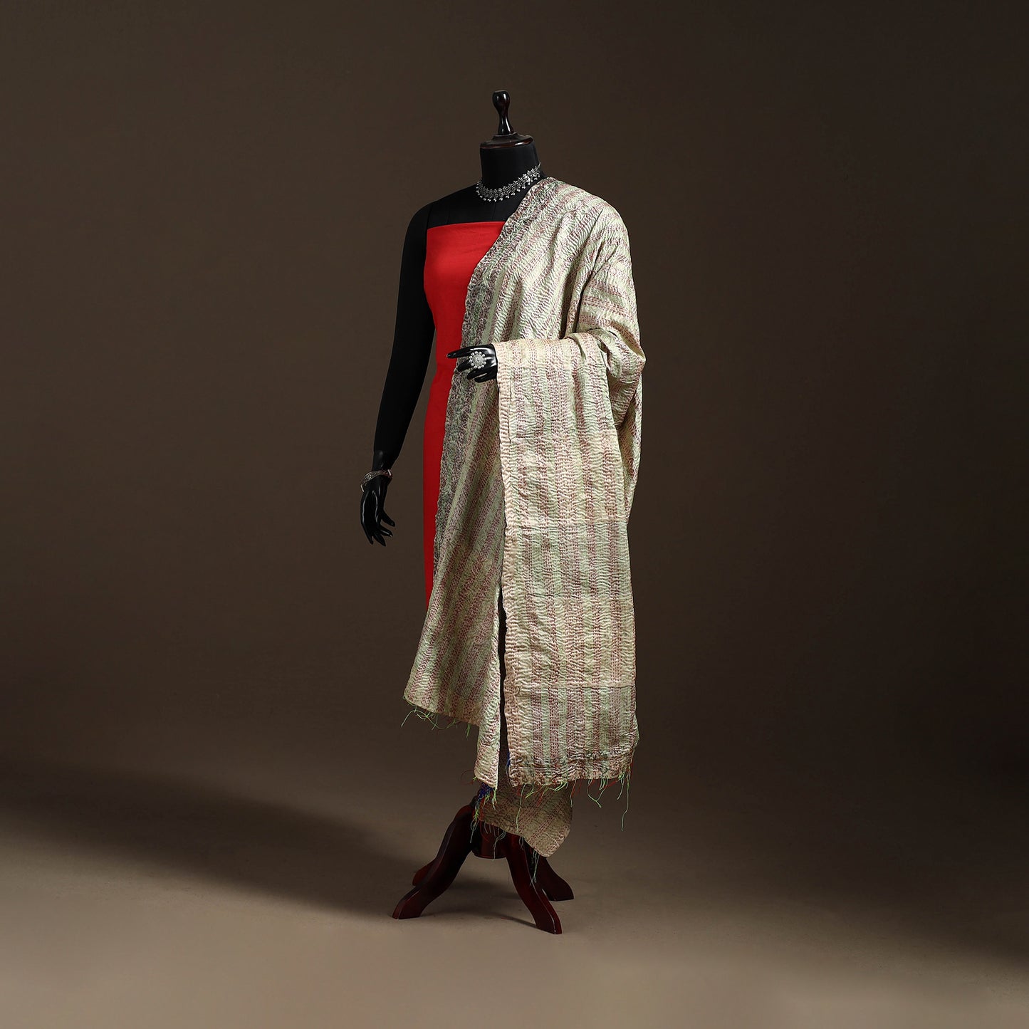 Multicolor - Bengal Hand Embroidery Patchwork Reversible Silk Kantha Dupatta 17