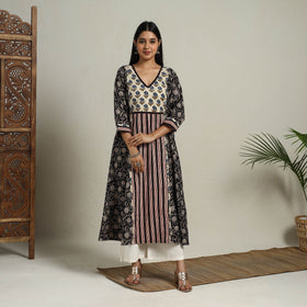 Buy Block Print Mosaic Fusion A-Line Bagru Cotton Black Kurta
