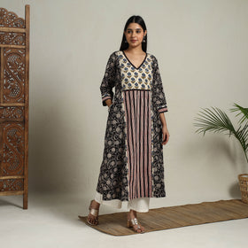 Buy Block Print Mosaic Fusion A-Line Bagru Cotton Black Kurta