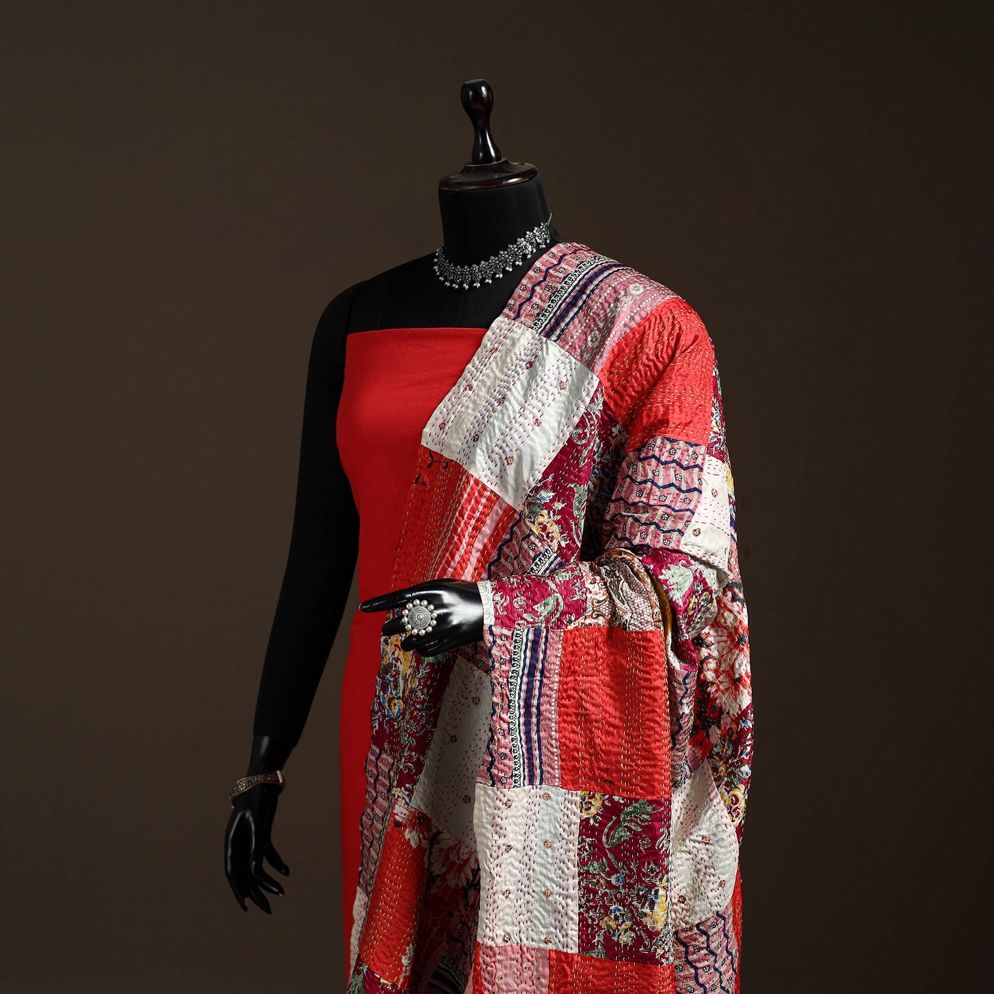 Multicolor - Bengal Hand Embroidery Patchwork Reversible Silk Kantha Dupatta 18