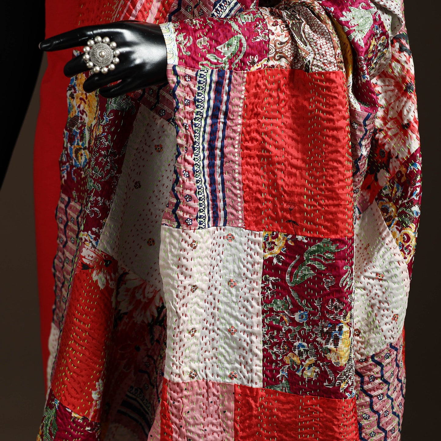 Multicolor - Bengal Hand Embroidery Patchwork Reversible Silk Kantha Dupatta 18