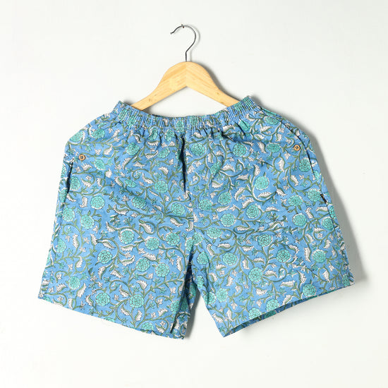 Blue - Sanganeri Block Printed Cotton Unisex Boxer/Shorts