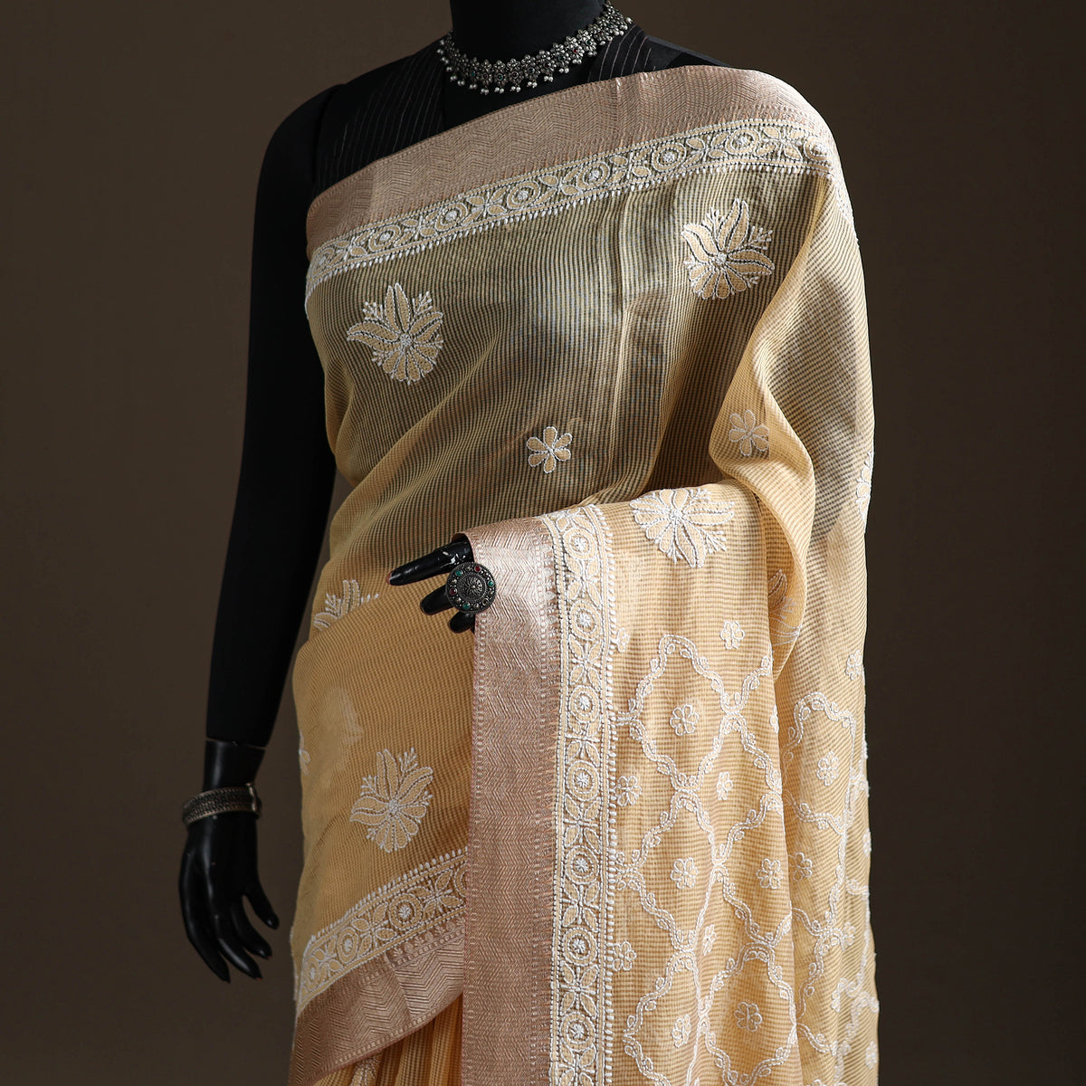 Hand Embroidered Kota Doria Cotton Lucknowi Chikankari Saree with Border 12