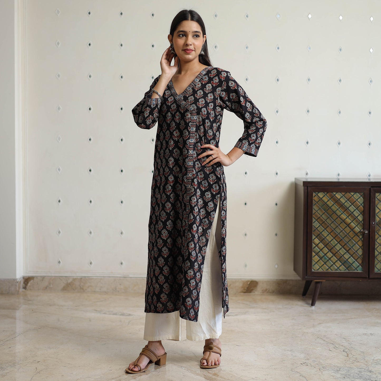 Black - Ajrakh Block Printed Cotton Straight Kurta 12