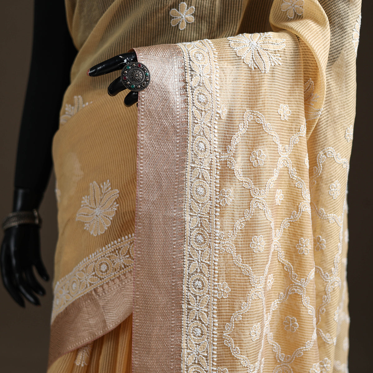 Hand Embroidered Kota Doria Cotton Lucknowi Chikankari Saree with Border 12