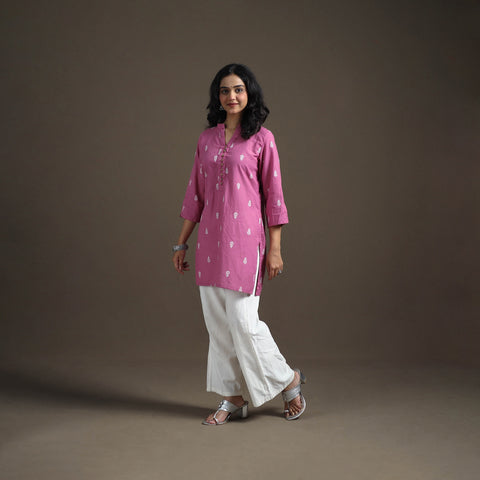 Pink - Jacquard Cotton Short Kurta for Women 17