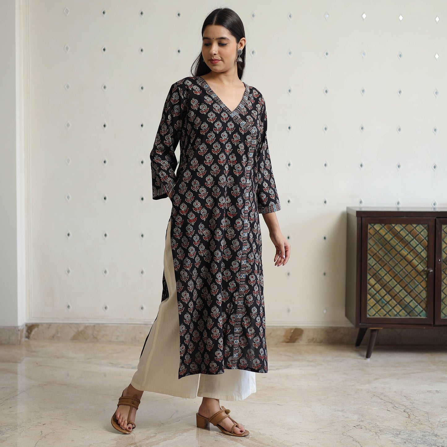 Black - Ajrakh Block Printed Cotton Straight Kurta 12