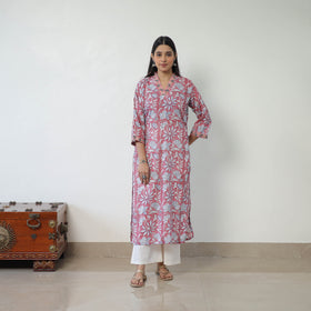 Pink - Block Print Cotton Straight Sanganeri Kurta 16