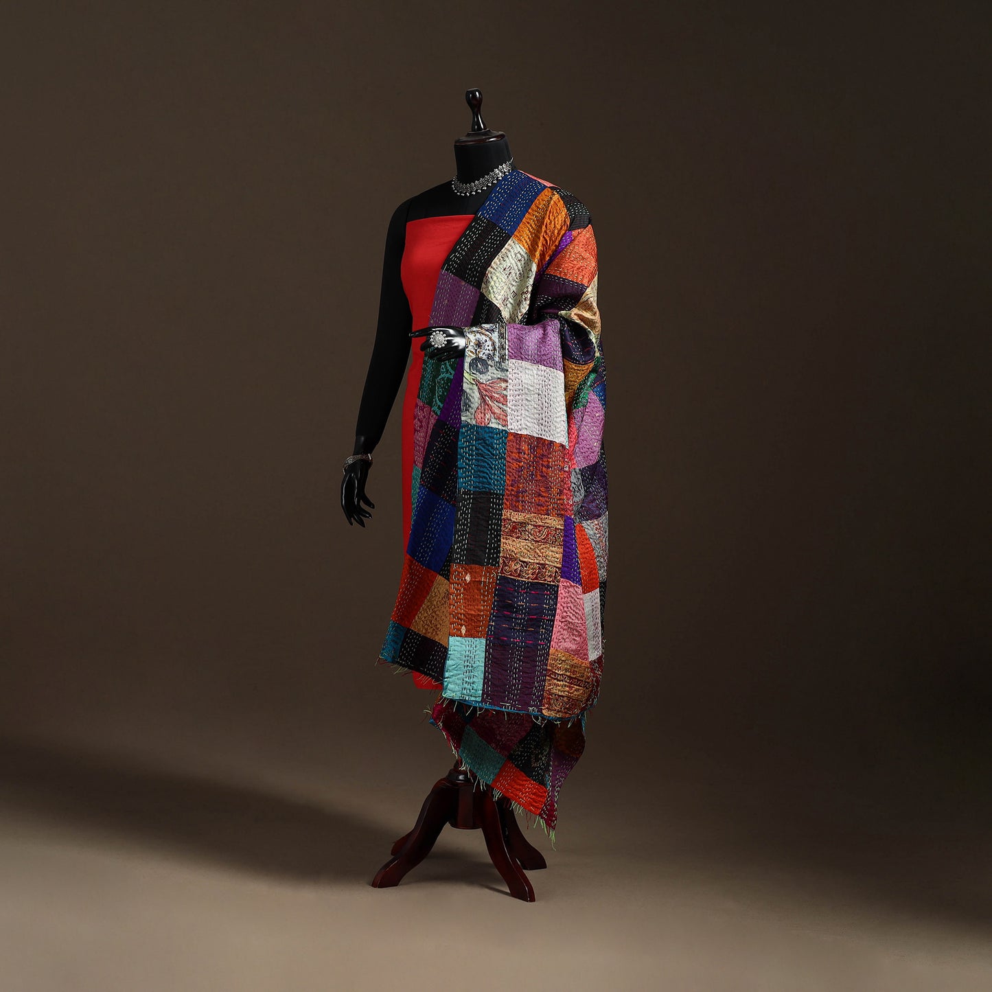 Multicolor - Bengal Hand Embroidery Patchwork Reversible Silk Kantha Dupatta 19