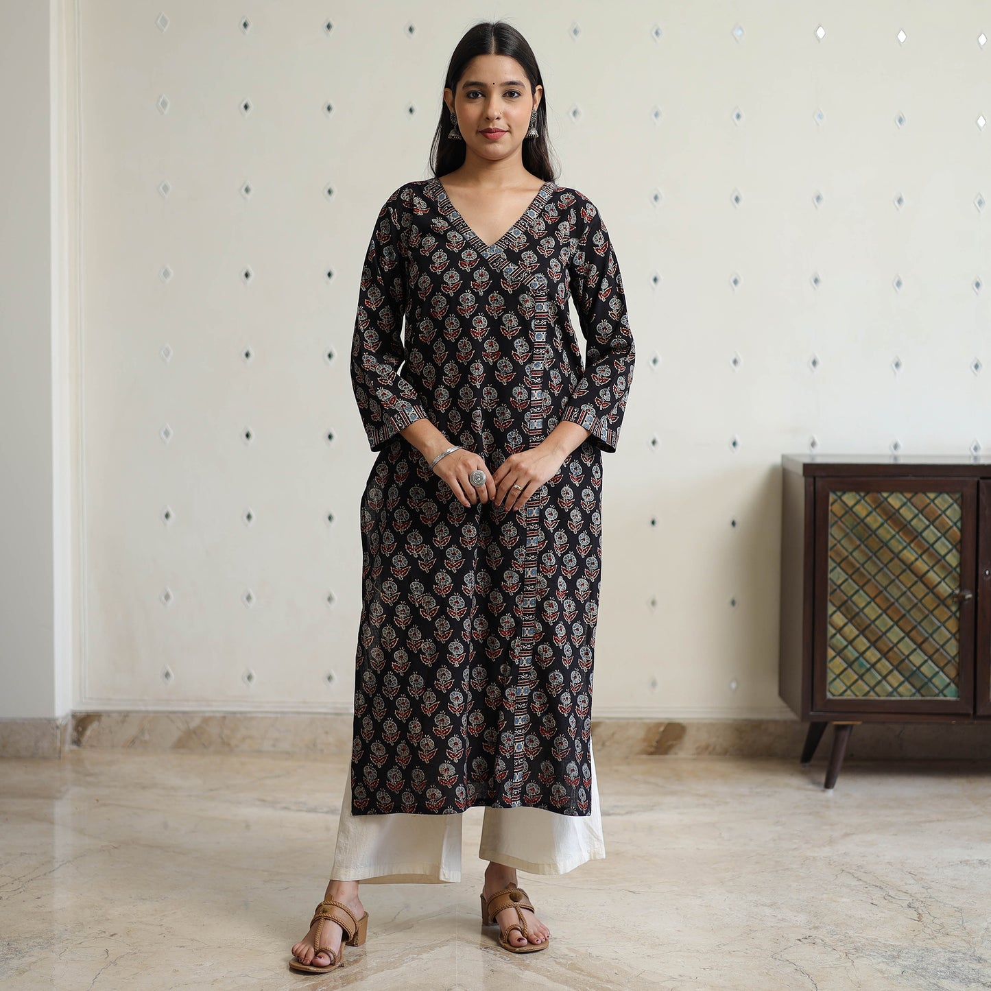 Black - Ajrakh Block Printed Cotton Straight Kurta 12