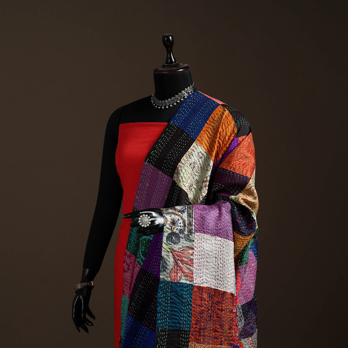 Multicolor - Bengal Hand Embroidery Patchwork Reversible Silk Kantha Dupatta 19