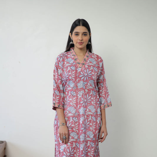 Pink - Block Print Cotton Straight Sanganeri Kurta 16