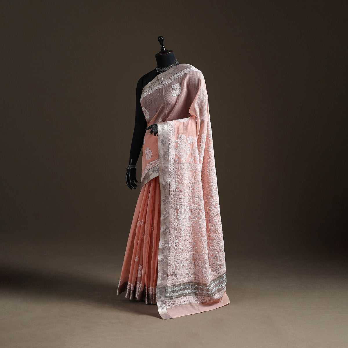 Hand Embroidered Kota Doria Cotton Lucknowi Chikankari Saree with Border 13