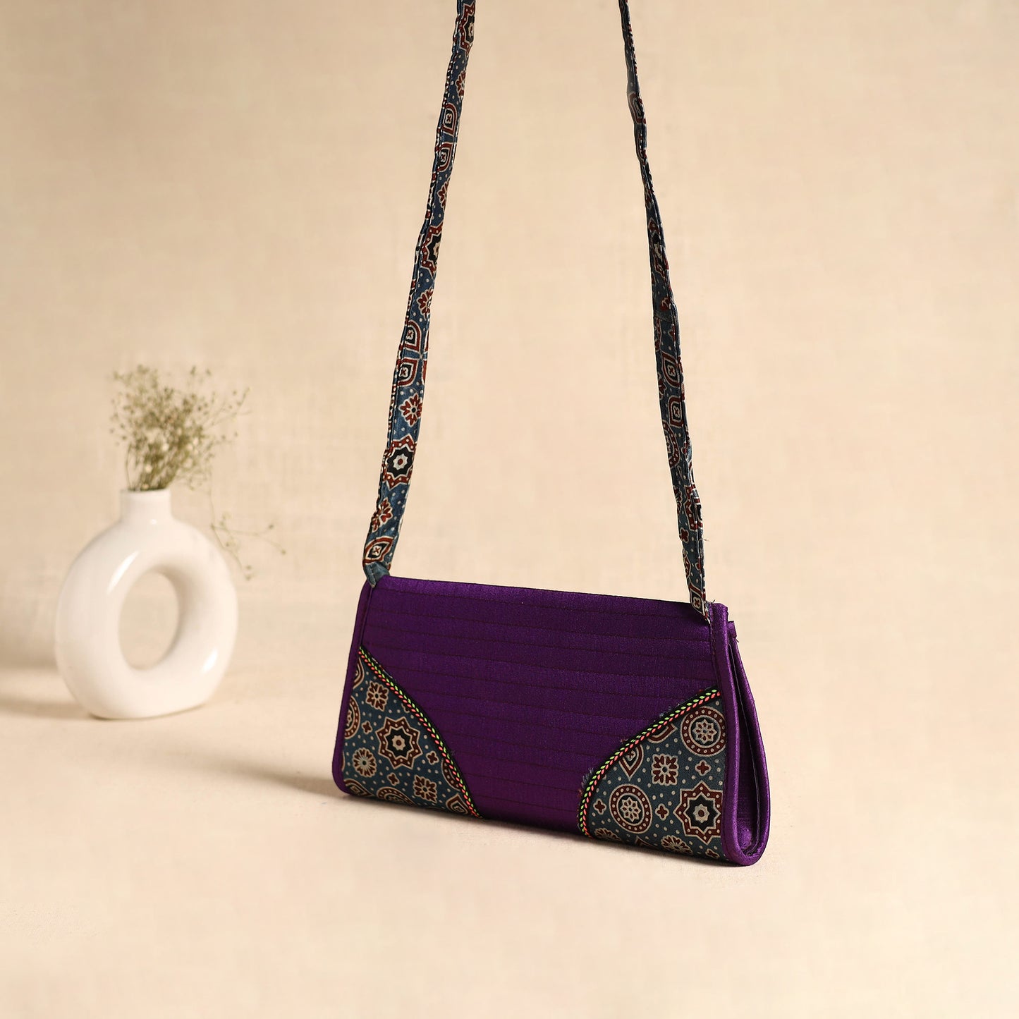 Traditional Kutch Patchwork Silk Leather Flap Sling Bag 25