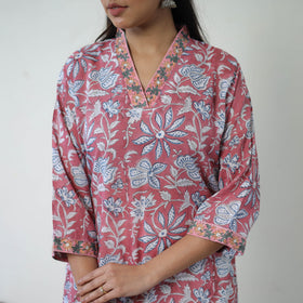 Pink - Block Print Cotton Straight Sanganeri Kurta 16