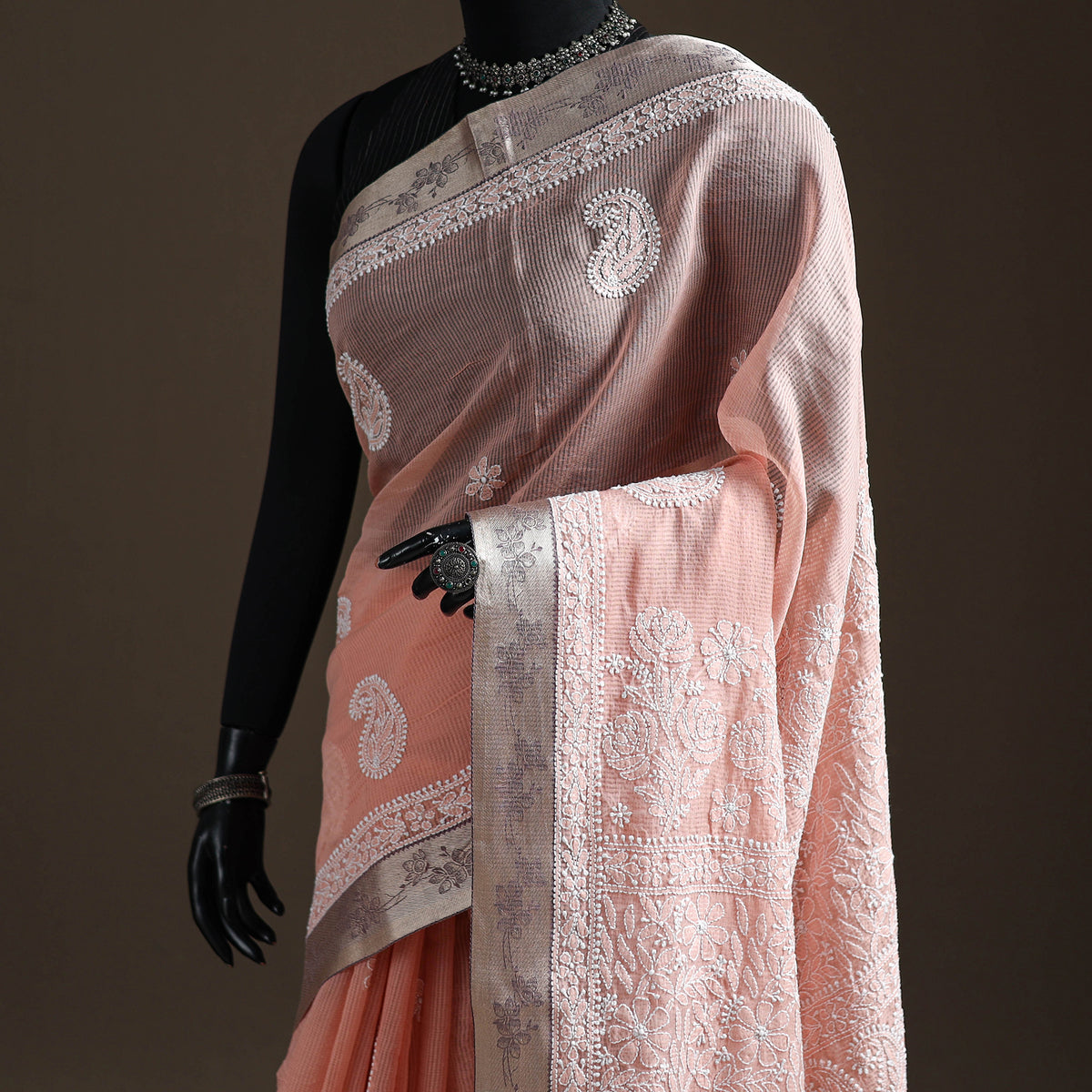 Hand Embroidered Kota Doria Cotton Lucknowi Chikankari Saree with Border 13