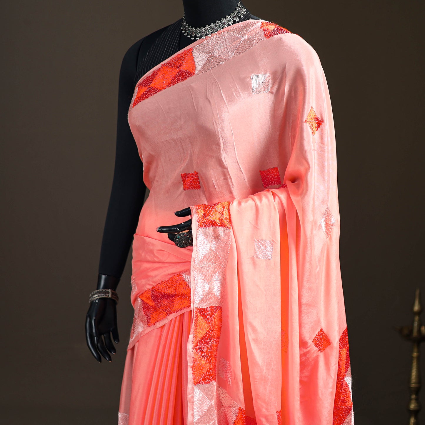 Chinon Silk Hand Embroidery Phulkari Saree 04
