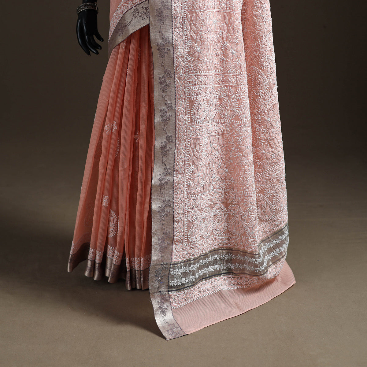 Hand Embroidered Kota Doria Cotton Lucknowi Chikankari Saree with Border 13