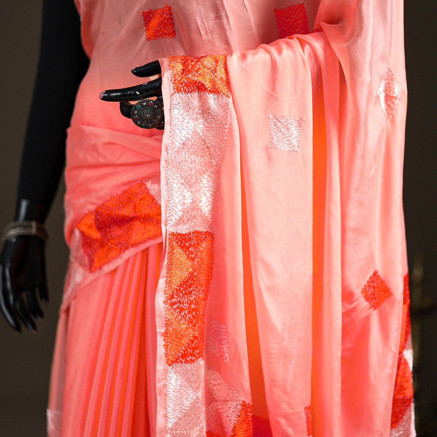 Chinon Silk Hand Embroidery Phulkari Saree 04