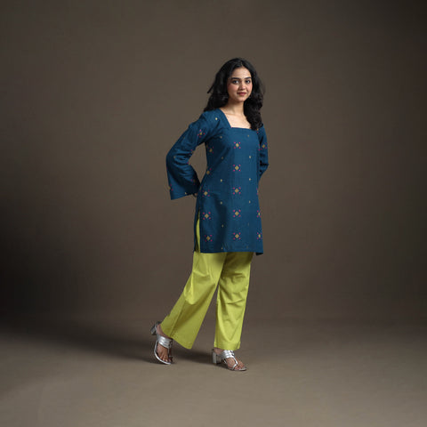 Blue - Jacquard Cotton Short Kurta for Women 11