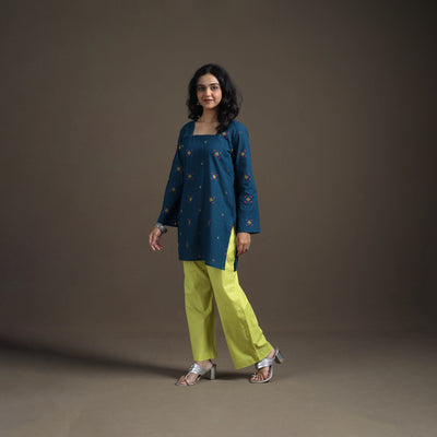 Blue - Jacquard Cotton Short Kurta for Women 11