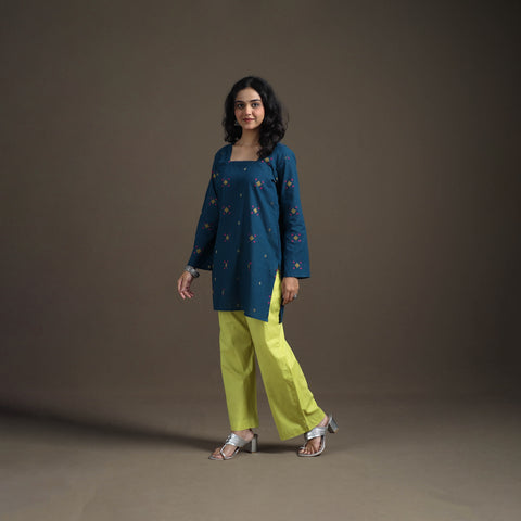 Blue - Jacquard Cotton Short Kurta for Women 11