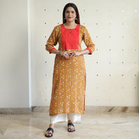 Light Brown - Bandhani Tie-dye Cotton Long Straight Kurta