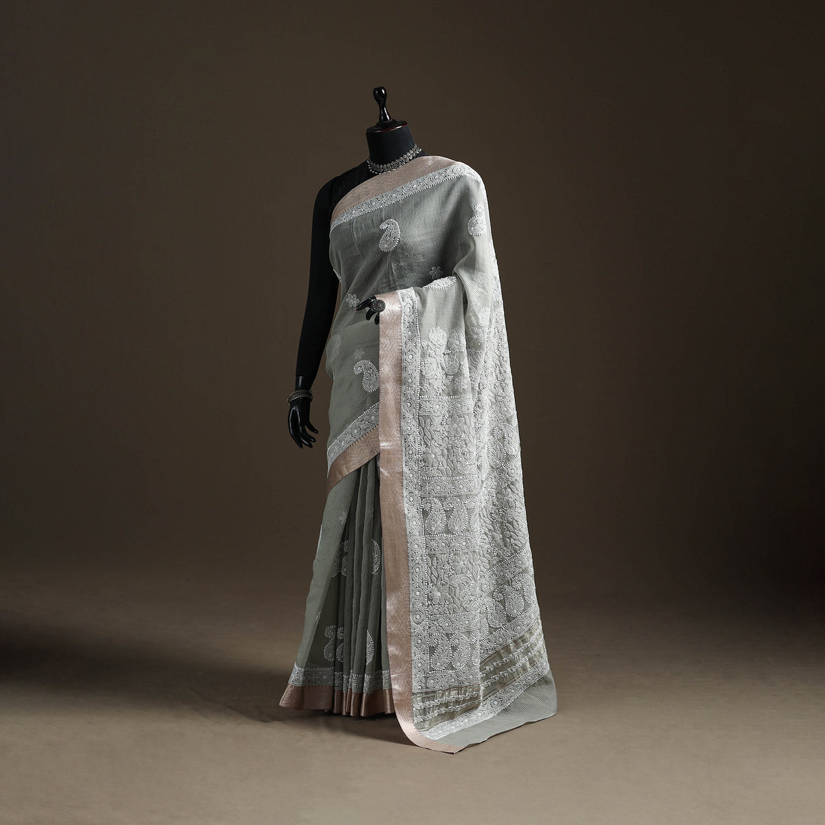 Hand Embroidered Kota Doria Cotton Lucknowi Chikankari Saree with Border 09