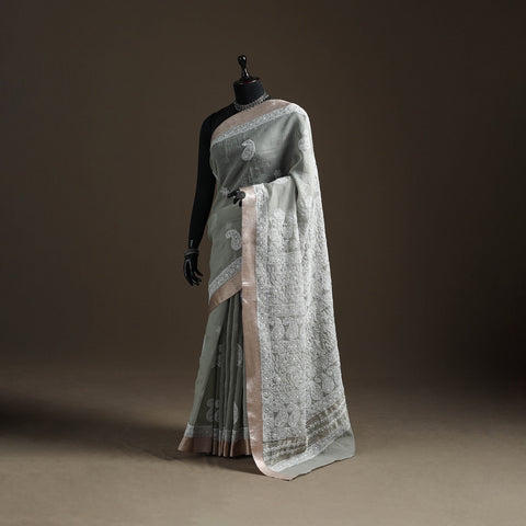 Hand Embroidered Kota Doria Cotton Lucknowi Chikankari Saree with Border 09