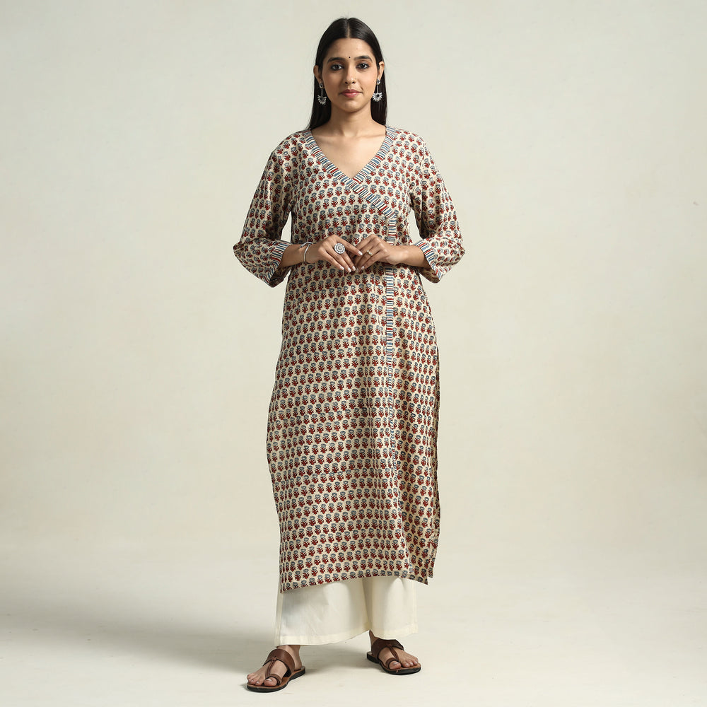 Beige - Ajrakh Block Printed Cotton Straight Kurta