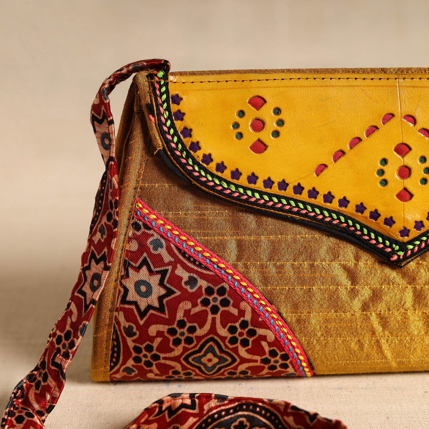 Traditional Kutch Patchwork Silk Leather Flap Sling Bag 26