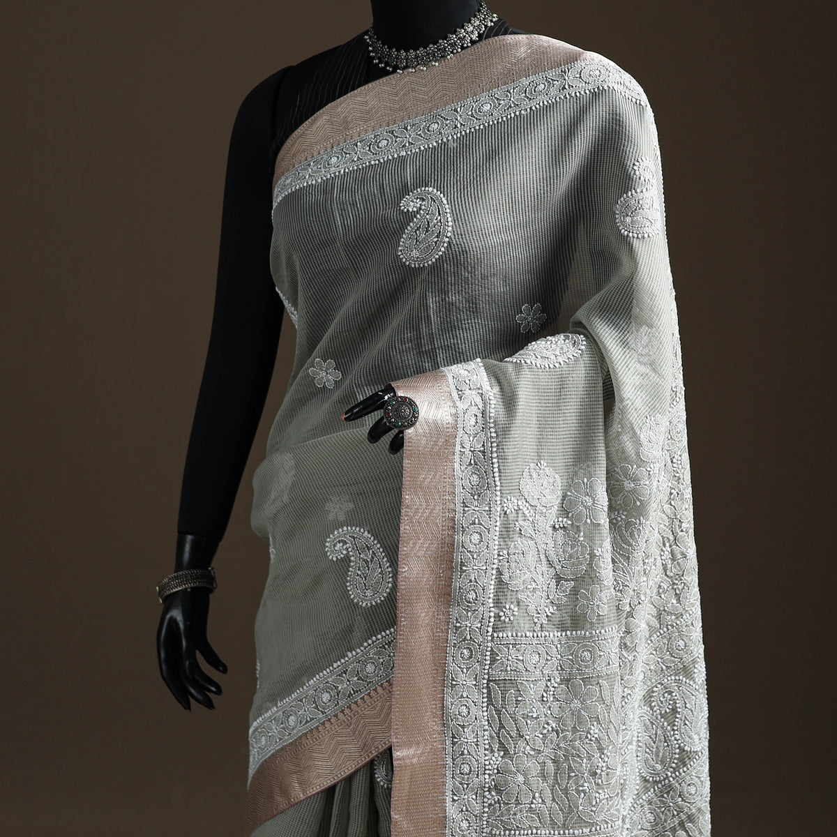 Hand Embroidered Kota Doria Cotton Lucknowi Chikankari Saree with Border 09