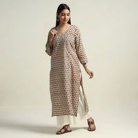 Beige - Ajrakh Block Printed Cotton Straight Kurta