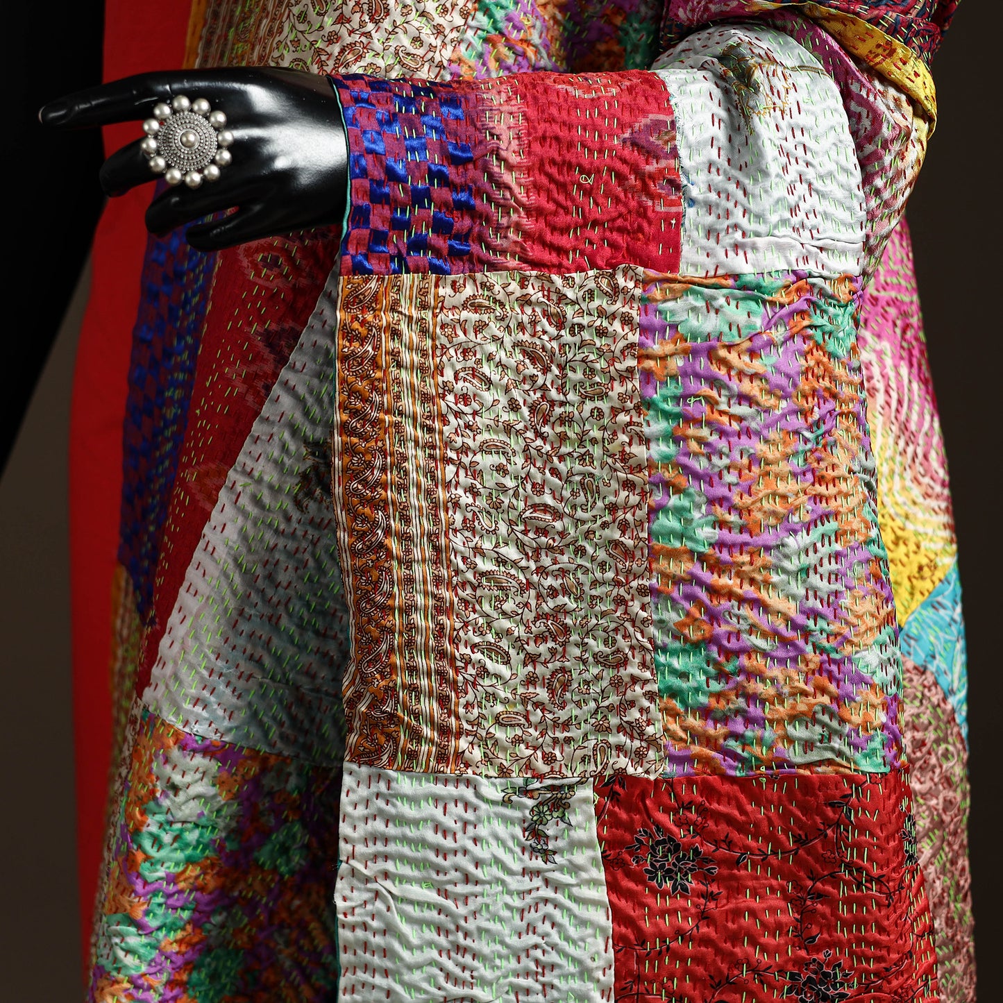 Bengal Hand Embroidery Patchwork Reversible Silk Kantha Dupatta 20