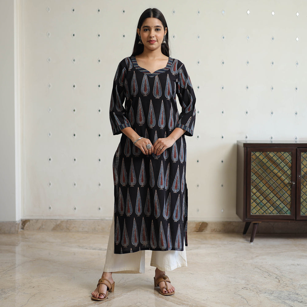 Black - Ajrakh Block Printed Cotton Straight Kurta 13