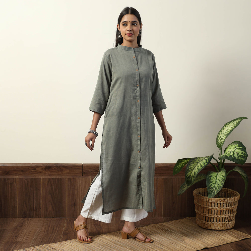 Grey - Jhiri Handloom Cotton Straight Long Kurta