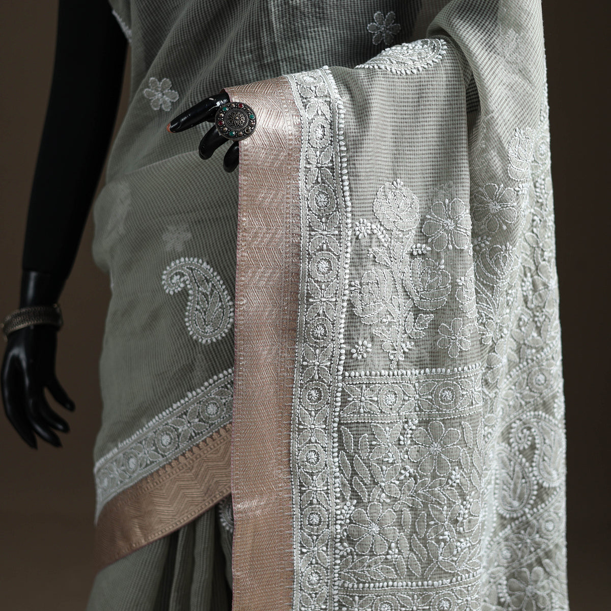 Hand Embroidered Kota Doria Cotton Lucknowi Chikankari Saree with Border 09