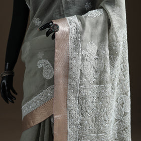 Hand Embroidered Kota Doria Cotton Lucknowi Chikankari Saree with Border 09