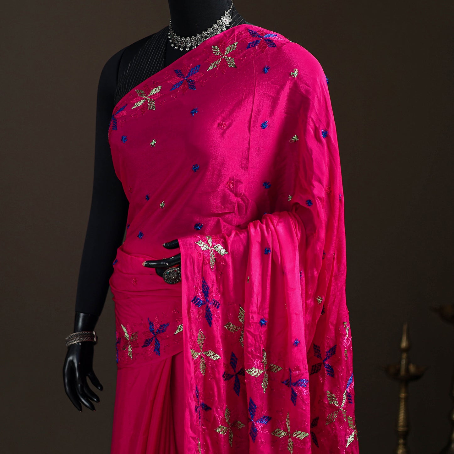 Chinon Silk Hand Embroidery Phulkari Saree 16