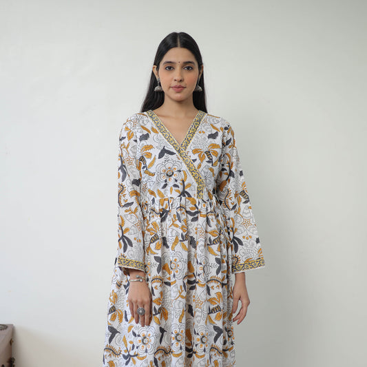 White - Block Print Cotton A-Line Sanganeri Kurta 03