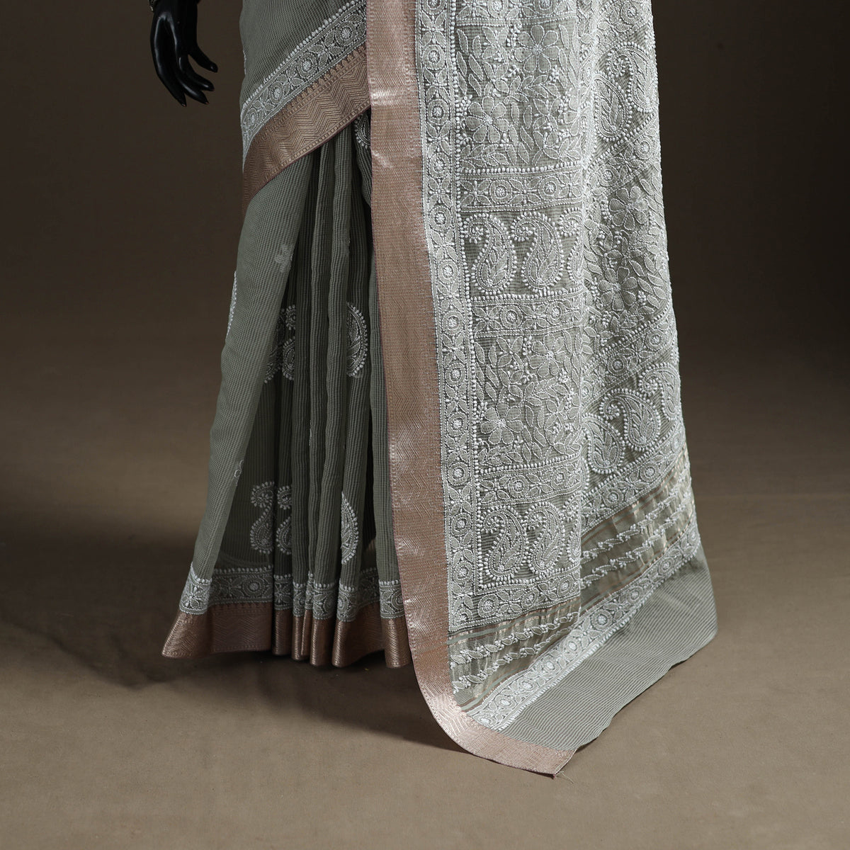 Hand Embroidered Kota Doria Cotton Lucknowi Chikankari Saree with Border 09