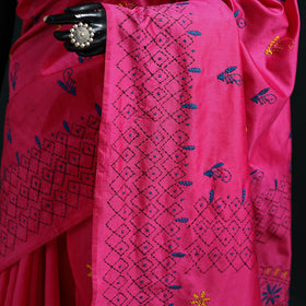 Pink - Bengal Hand Embroidery Silk Nakshi Kantha Saree 28