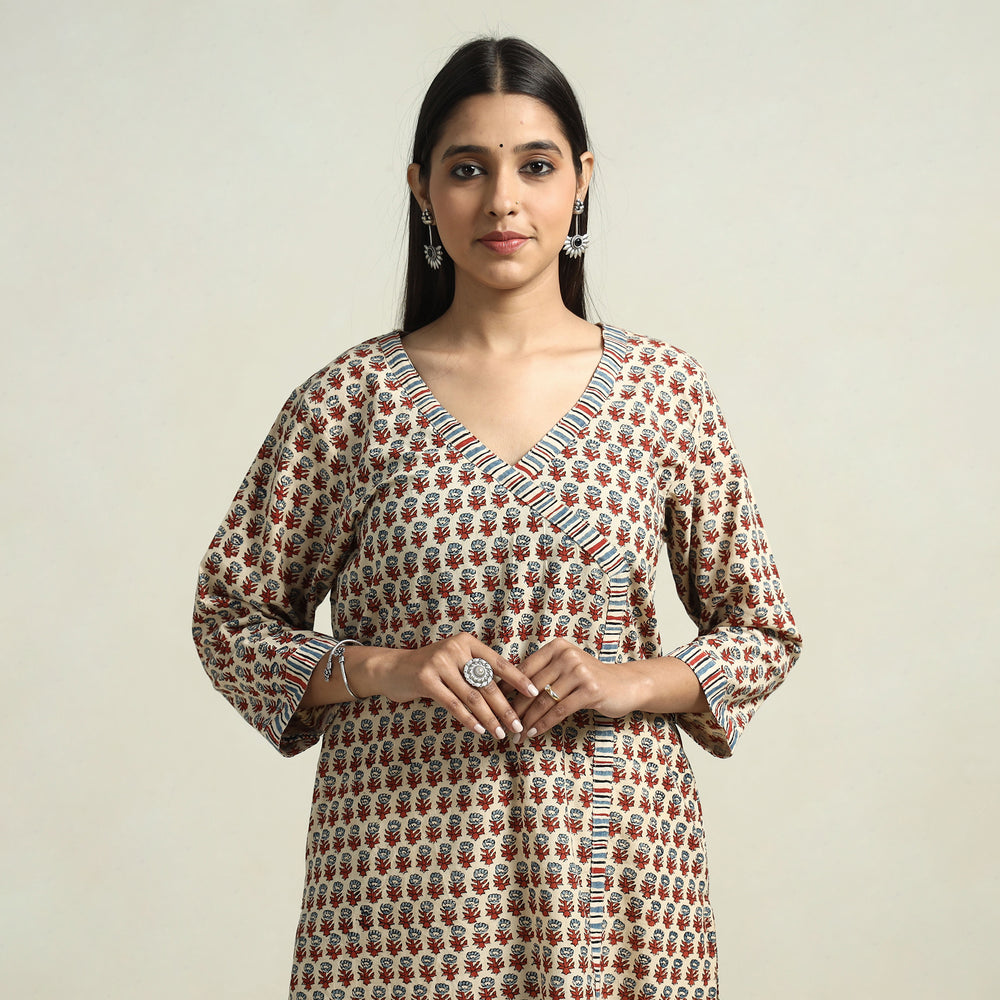 Beige - Ajrakh Block Printed Cotton Straight Kurta