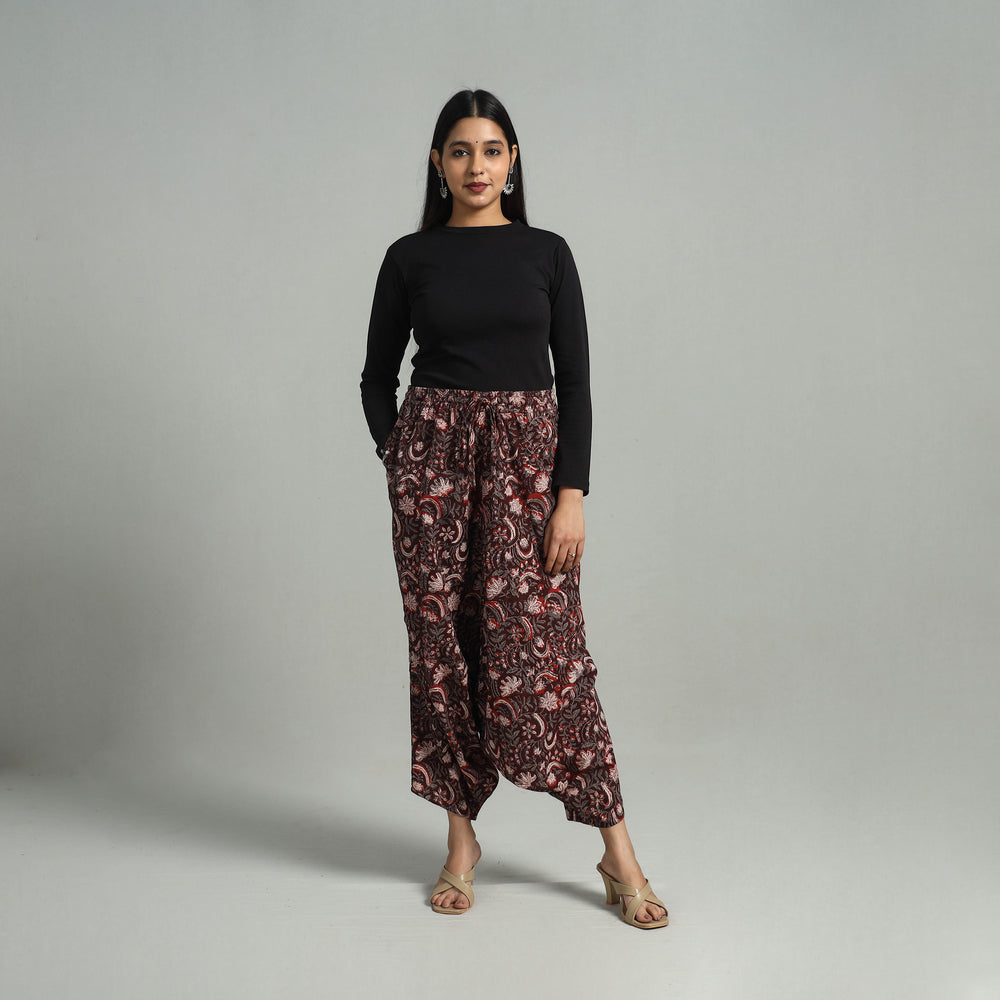 Maroon - Bagru Block Print Cotton Elasticated Harem Pant 10